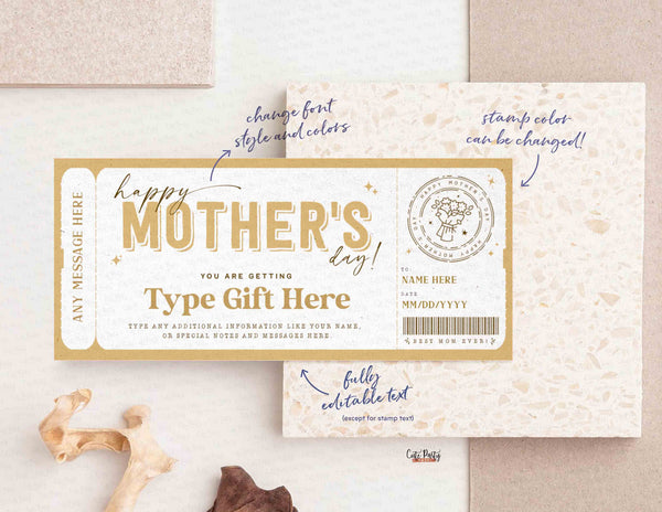 Mother's Day Gift Voucher, Surprise Gift for Mom Certificate Template, Experience Ticket Editable Golden Gift Ticket Coupon - Digital Download