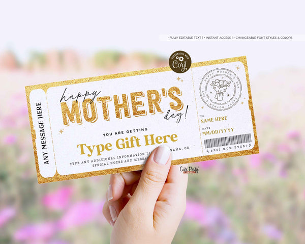 Mother's Day Gift Voucher, Surprise Gift for Mom Certificate Template, Experience Ticket Editable Golden Gift Ticket Coupon - Digital Download
