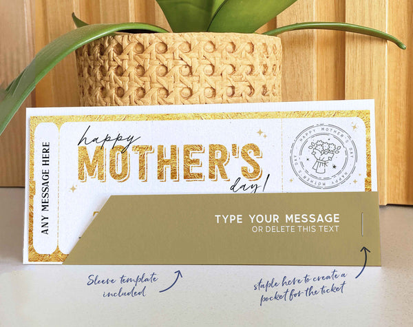 Mother's Day Gift Voucher, Surprise Gift for Mom Certificate Template, Experience Ticket Editable Golden Gift Ticket Coupon - Digital Download