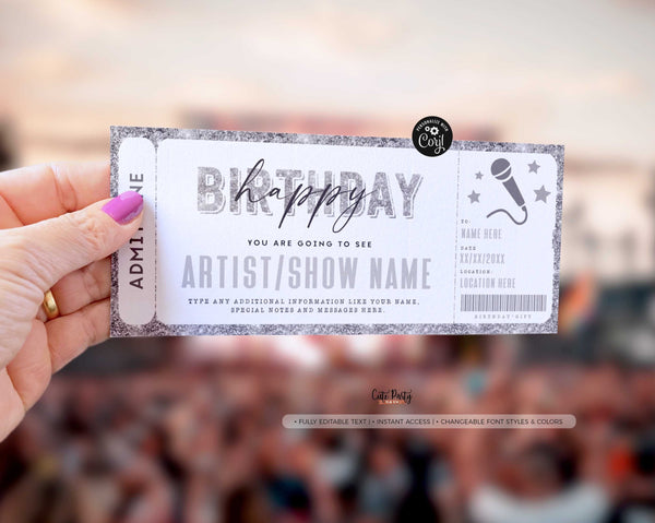 Birthday Gift Concert Ticket Template, Editable Surprise Concert Voucher - Digital Download