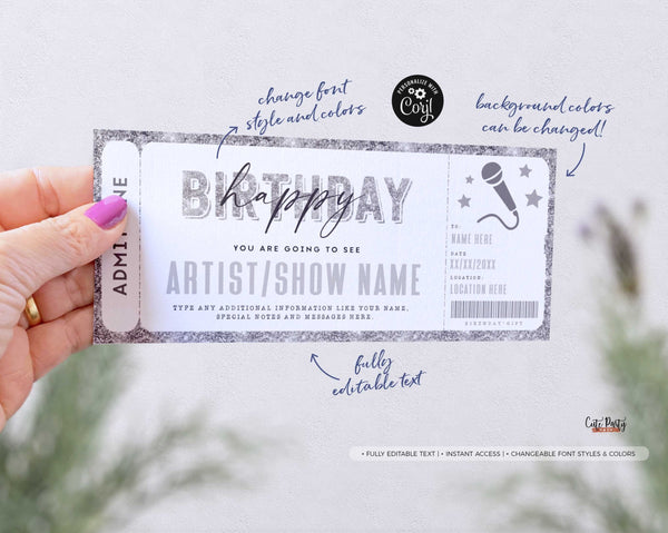 Birthday Gift Concert Ticket Template, Editable Surprise Concert Voucher - Digital Download