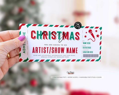 Christmas Gift Concert Ticket Template, Editable Surprise Show Voucher - Digital Download