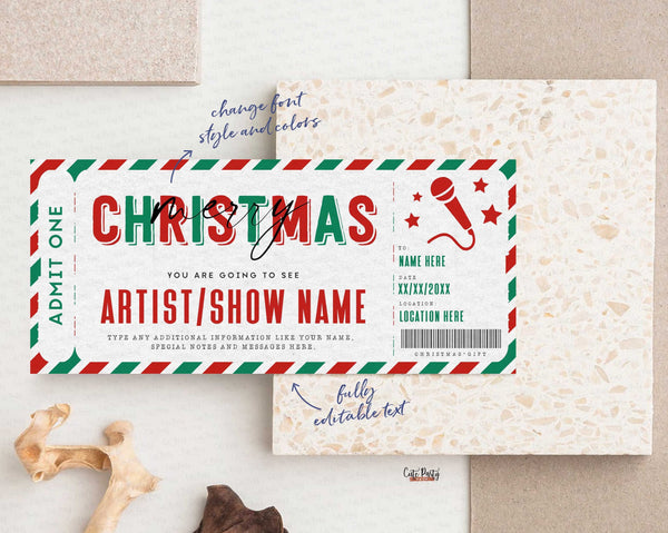 Christmas Gift Concert Ticket Template, Editable Surprise Show Voucher - Digital Download
