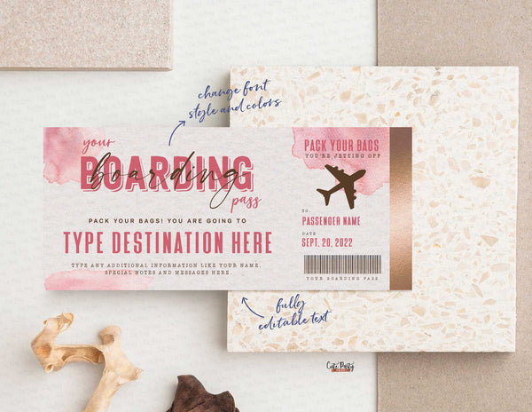 Watercolor Boarding Pass Template, Surprise Trip gift ticket, Fake Airplane Ticket Trip Airlines Trip Voucher - Digital Download