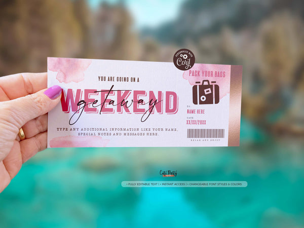 Weekend Getaway Voucher Template, Surprise Trip Gift Ticket - Digital Download