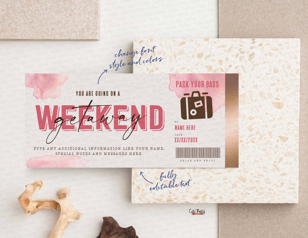 Weekend Getaway Voucher Template, Surprise Trip Gift Ticket - Digital Download