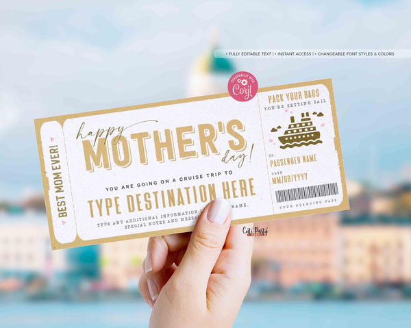 Mother's Day Gift Cruise Boarding Pass Vacation Ticket Gift Voucher, Editable Gift Ticket Template, Surprise Cruise ticket- Digital Download
