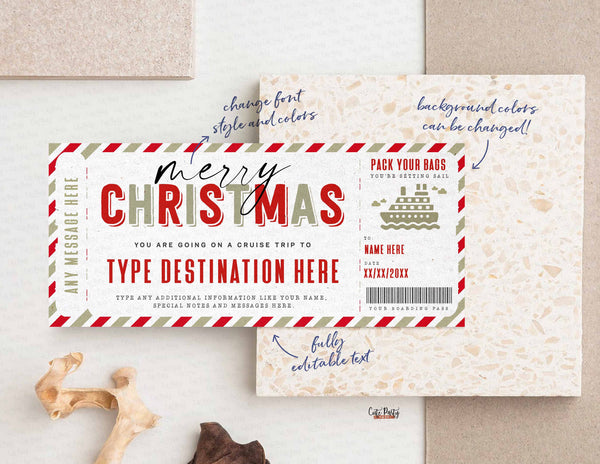 Gold Christmas Cruise Boarding Pass Vacation Ticket Gift Voucher - Digital Download