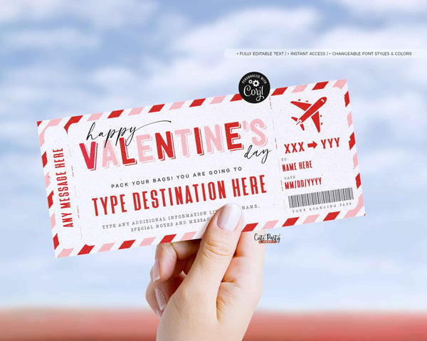Valentine's Day Gift, Boarding Pass Template, Editable Valentines gift ticket - Digital Download