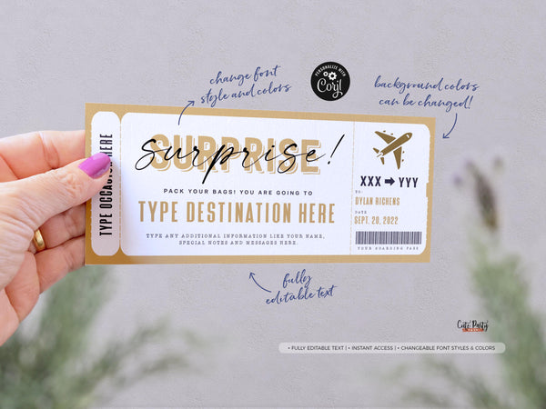 Surprise Boarding Pass Surprise Fake Airline Ticket - Digital Download