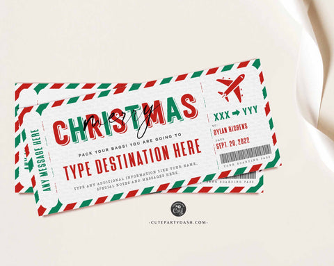 Christmas Editable Boarding Pass Template, Editable Holiday gift ticket, Fake Airplane Ticket Trip, Airlines Voucher