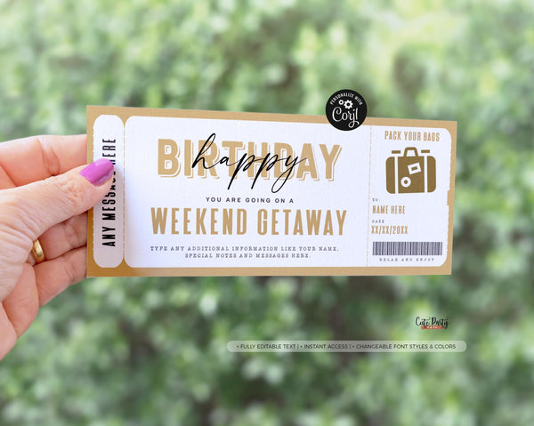 Weekend Getaway Voucher Template, Surprise Trip Gift Ticket