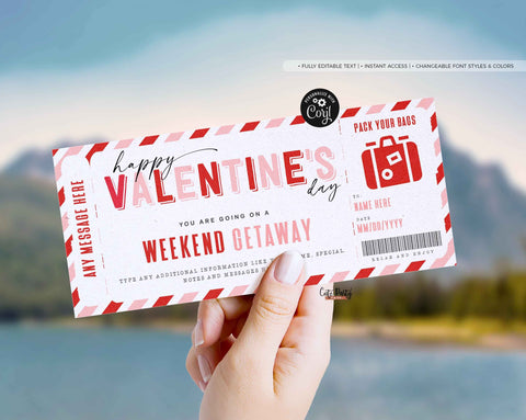 Weekend Getaway Voucher Template, Surprise Valentine's Day Trip gift ticket - Digital Download