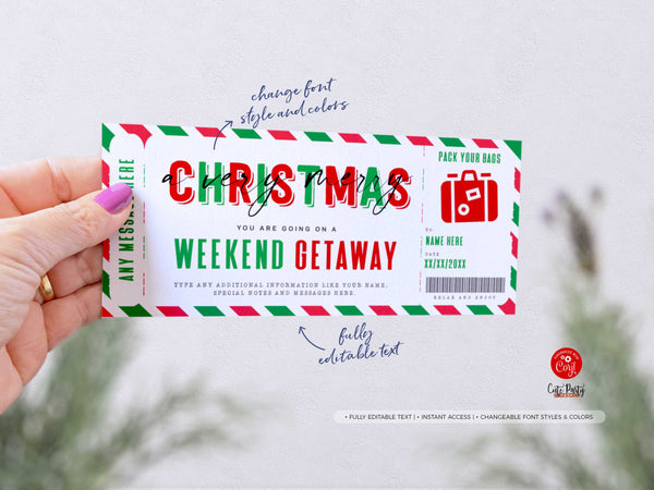 Christmas Weekend Getaway Voucher Template, Surprise Trip Gift Ticket - Digital Download
