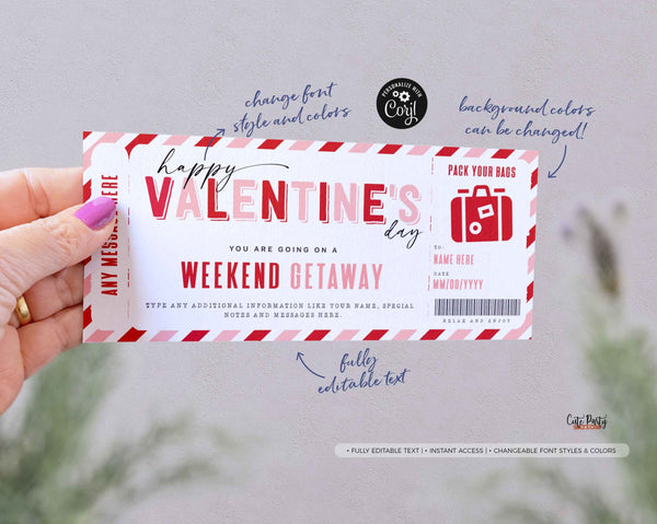 Weekend Getaway Voucher Template, Surprise Valentine's Day Trip gift ticket - Digital Download