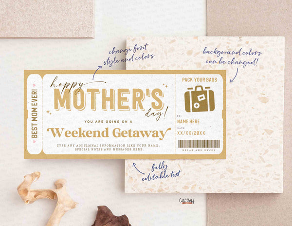 Mother's Day Gift Editable Weekend Getaway Voucher Template, Surprise Trip gift ticket from Daughter, son, Travel Voucher - Digital Download
