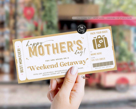Mother's Day Gift Editable Weekend Getaway Voucher Template, Surprise Trip gift ticket from Daughter, son, Travel Voucher - Digital Download