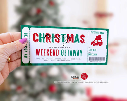 Christmas Weekend Getaway Voucher Template, Surprise Car RoadTrip Gift Ticket - Digital Download