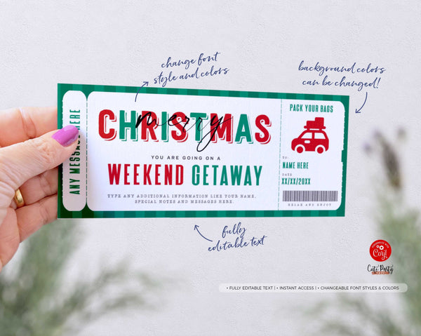 Christmas Weekend Getaway Voucher Template, Surprise Car RoadTrip Gift Ticket - Digital Download