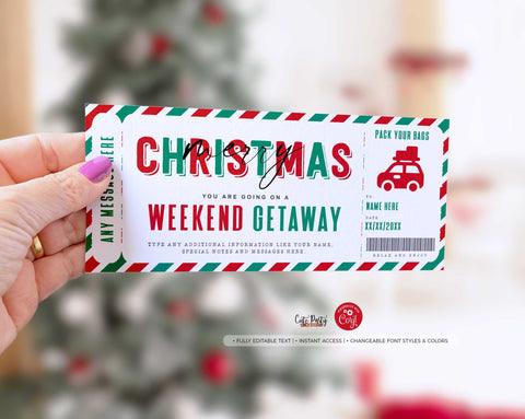 Christmas Weekend Getaway Voucher Template, Surprise Car RoadTrip Gift Ticket - Digital Download