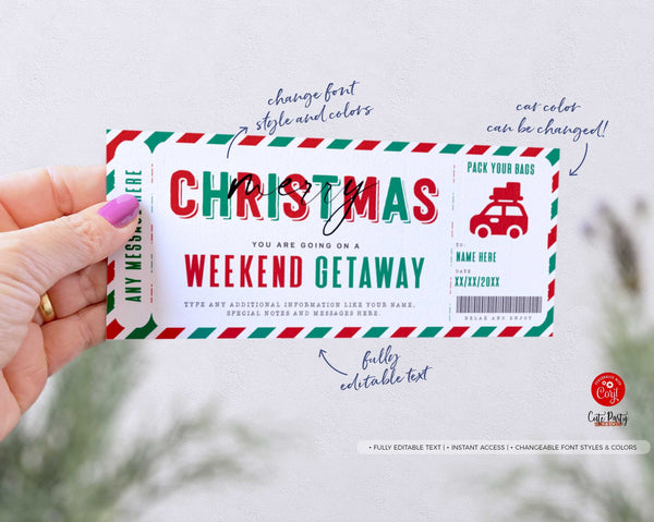 Christmas Weekend Getaway Voucher Template, Surprise Car RoadTrip Gift Ticket - Digital Download
