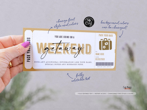 Weekend Getaway Voucher Template, Surprise Trip Gift Ticket - Digital Download