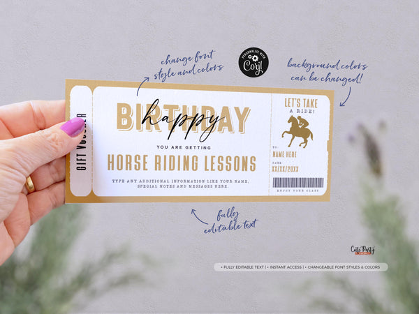 Editable Horse Riding Lessons Gift Ticket Voucher template - Digital Download