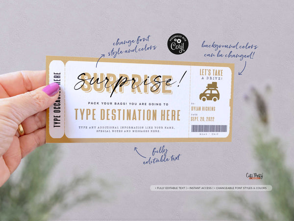Surprise Trip gift ticket, Weekend Getaway Ticket Trip, Road Trip Trip Voucher - Digital Download