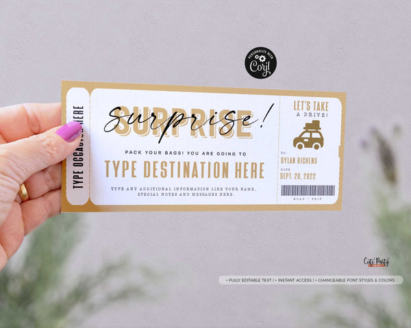 Surprise Trip gift ticket, Weekend Getaway Ticket Trip, Road Trip Trip Voucher