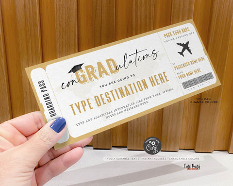 Editable Graduation Boarding Pass Template Surprise Trip gift ticket Congradulations Fake Airplane Ticket Trip Voucher - Digital Download