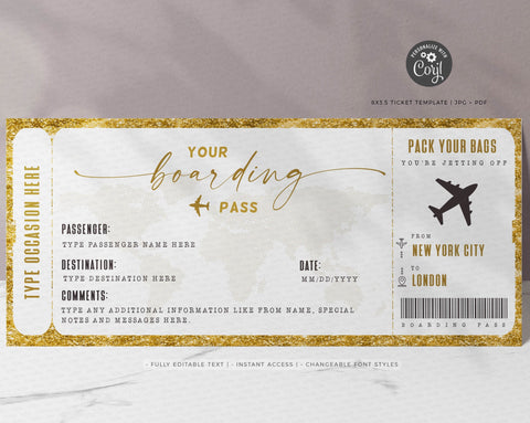 Editable Gold Boarding Pass Template, Surprise Trip gift ticket, Fake Airplane Ticket Trip - Digital Download