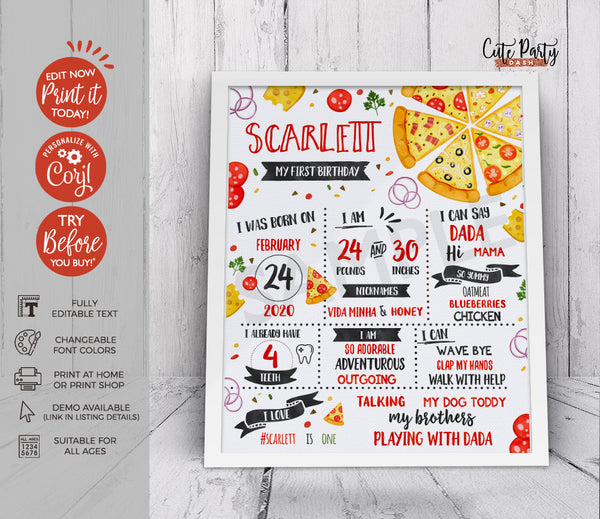 Pizza Party First Birthday Baby Milestone Chalkboard Sign - Digital Download