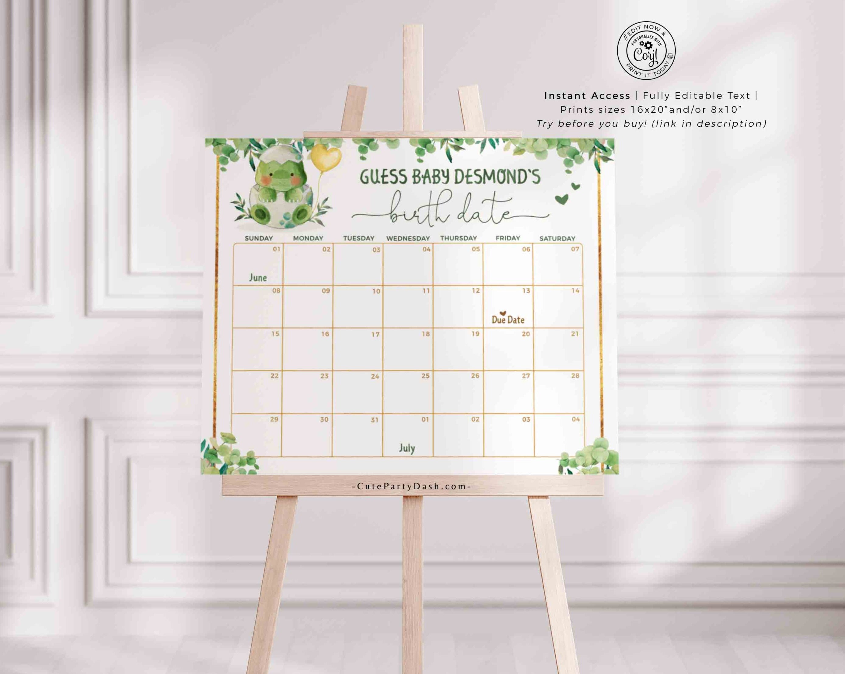 EDITABLE Dinosaur Baby Shower Guess the Due Date Calendar Game, Predic – Cute Party Dash EDITABLE Dinosaur Baby Shower Guess the Due Date Calendar Game, Predic – Cute Party Dash