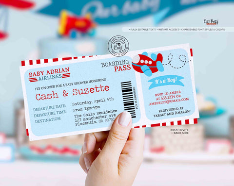 Airplane Baby Shower Boarding Pass Ticket Invitation - Digital Download