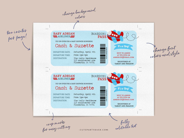Airplane Baby Shower Boarding Pass Ticket Invitation - Digital Download
