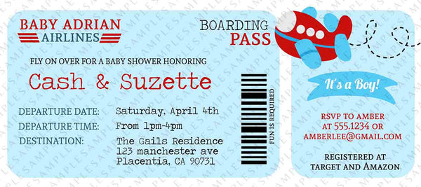 Airplane Baby Shower Boarding Pass Ticket Invitation - Digital Download