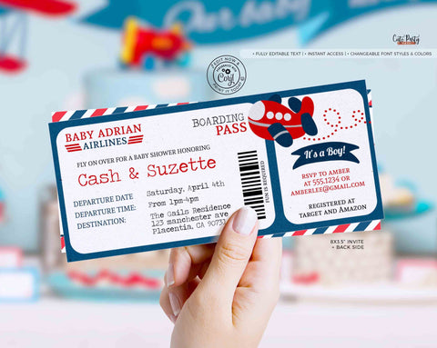 Editable Airplane Baby Shower Invitation Boarding Pass Ticket Invite Instant Download Airplane Boy Shower Printable Digital Template