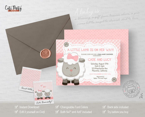 Little Lamb Baby Shower Girl Invitation Template - Digital Download