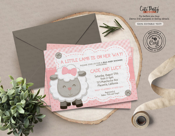 Little Lamb Baby Shower Girl Invitation Template - Digital Download