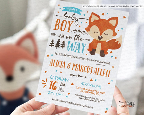 Watercolor Fox baby boy shower Invitations - Digital Download