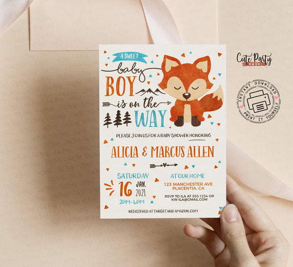 Watercolor Fox baby boy shower Invitations - Digital Download