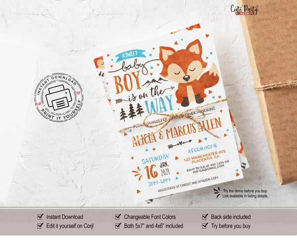 Watercolor Fox baby boy shower Invitations - Digital Download