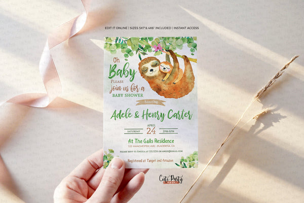 Watercolor Sloth Baby Shower Invitation Bundle - Digital Download