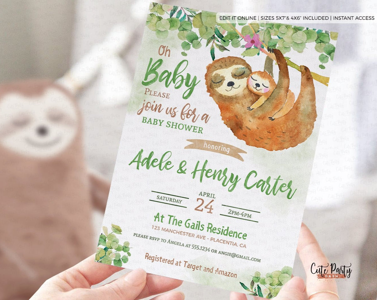 Sloth Baby Shower Invitations – Cute Party Dash