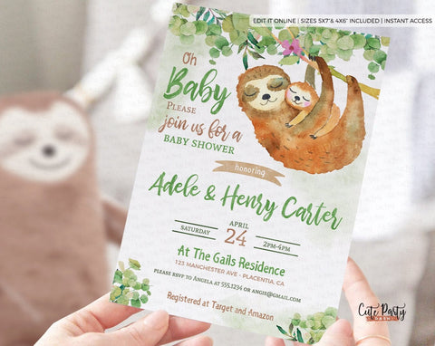 Watercolor Sloth Baby Shower Invitation - Digital Download