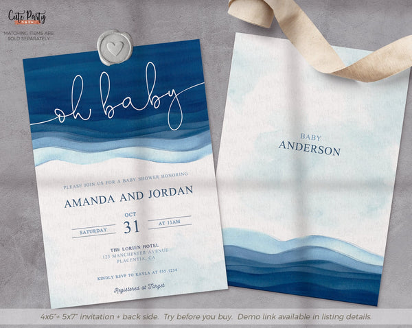 Watercolor Oh Baby Shower Invitation Template - Digital Download