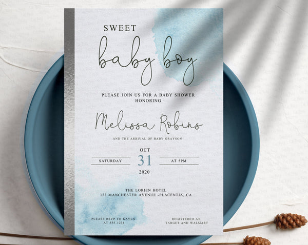 Watercolor Baby Boy Shower Invitation Template - Digital Download