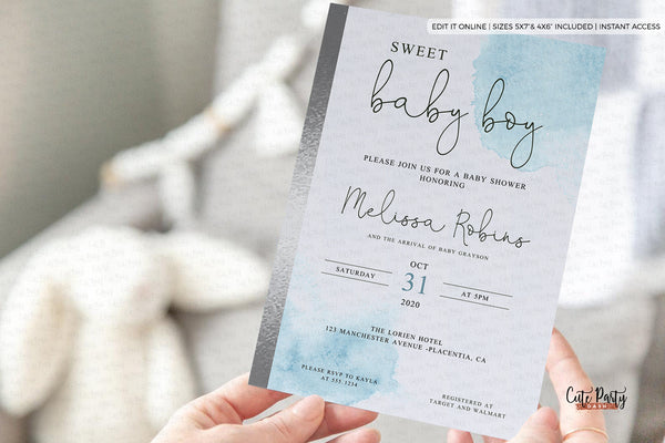 Watercolor Baby Boy Shower Invitation Template - Digital Download