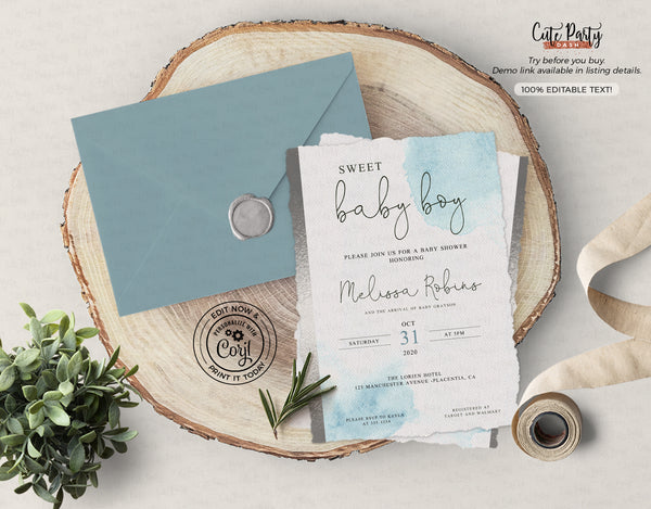 Watercolor Baby Boy Shower Invitation Template - Digital Download