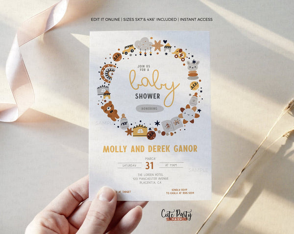 Boho Baby Boy Shower Invitation - Digital Download